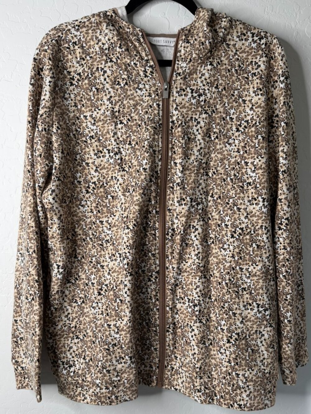 Sport Savvy Tan Speckled Zip Front Hooded Jacket Large QVC Lightweight Stretch